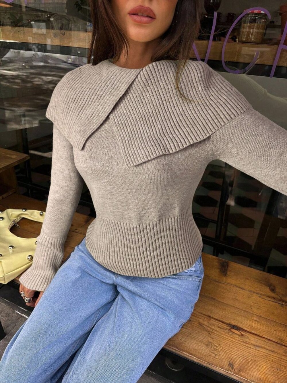 Khaki Casual Women's oversized collar Long Sleeve Sweater - Picture 6 of 7